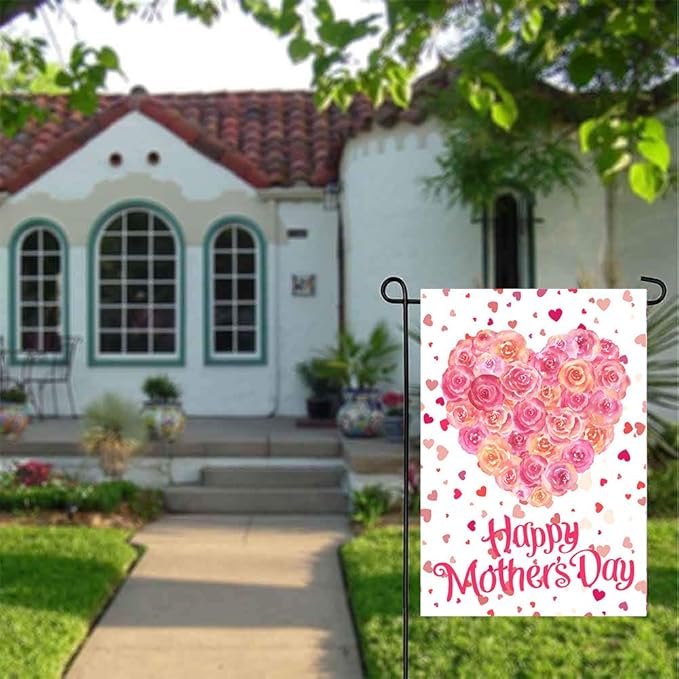 Wamika Happy Mother's Day Pink Red Rose Flower Double Sided House Flag Garden Banner 28" x 40", Best Mom Love Flowers Heart Mother Day Garden Flags for Anniversary Yard Outdoor Decoration