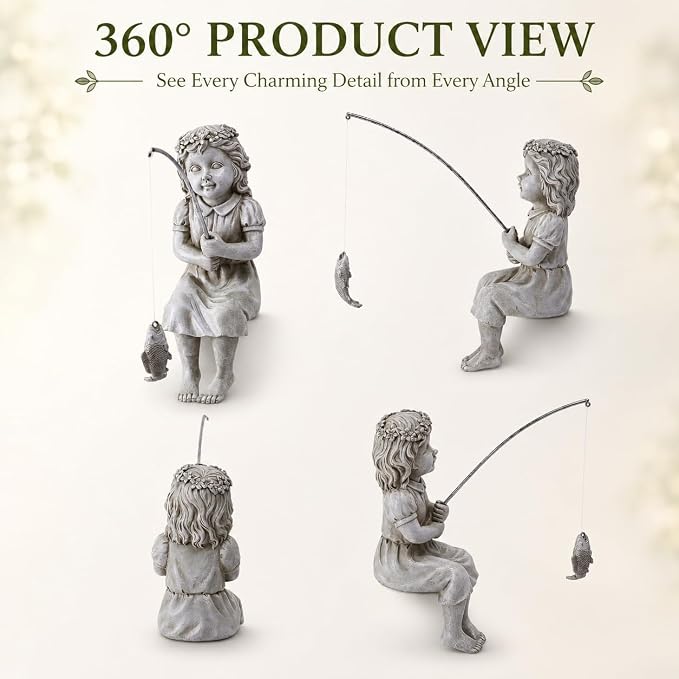 Goodeco Fishergirl Statue Garden Decor - 11" Little Fishing Guy for Koi Pond or Waterfalls, Poolside Statue with Glow in Dark Pebbles Included, Great Gifts for Mom, Women or Birthdays, Gift Ideas
