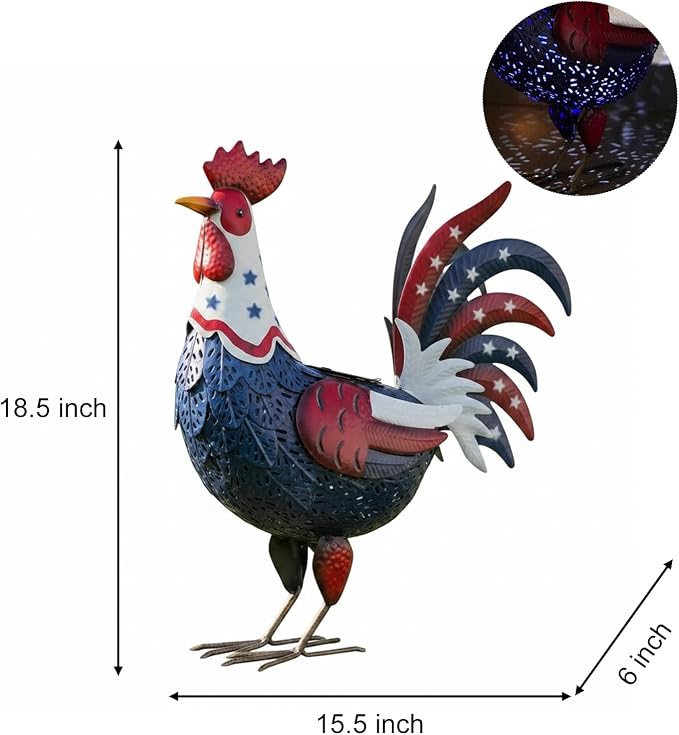 LIFFY Metal Rooster Yard Decor,18" Solar Patriotic Chicken Garden Statues Outdoor,4th of July Decorations with American Flag Decorative Ornament Outside for Home Patio Backyard Lawn