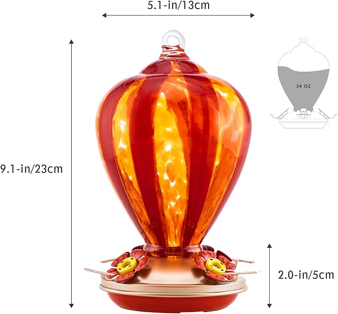 Hummingbird Feeder, 34OZ Hand Blown Glass Hummingbird Feeders for Outdoors Hanging, 4 Feeding Perch with Ant Moat Hook, Garden Yard Decor Gifts for Women Mom (Hot Air Balloon) | LaElvish Garden Hummingbird Feeder, 34OZ Hand Blown Glass Hummingbird Feed...