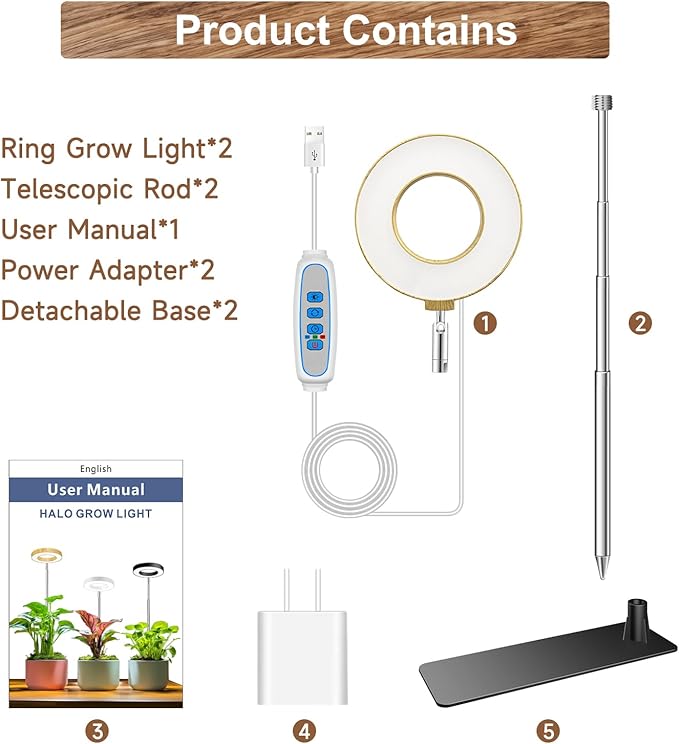 Aokrean Plant Grow Light, 48 LEDs Full Spectrum Grow Lights for Indoor Plants, Height Adjustable Faux Wood Grain Small Grow Light with Base, 3 Optional Spectrums, Auto Timer 6/12/16Hrs, 5 Brightness