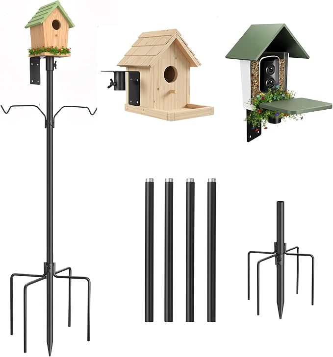 79 Inch Bird Feeder Pole Kit, 5-Prong Base, Hanging Hook | Heavy-Duty Metal Pole, for Bird Houses, Garden Décor, Backyard and Patio Use