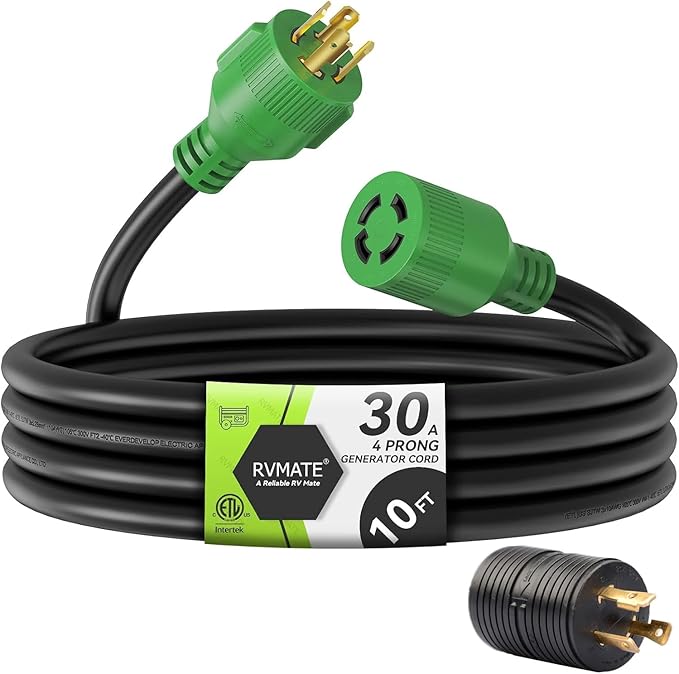RVMATE 30 Amp Generator Cord 4 Prong 10 Feet, NEMA L14-30P/L14-30R, 125/250V Up to 7500W 10 Gauge SJTW Generator Extension Cord, ETL Listed