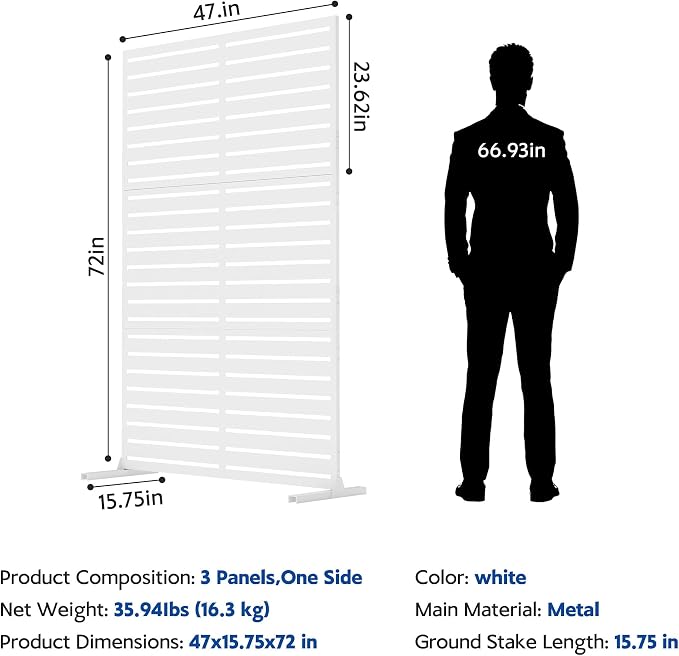 Garvee Outdoor Metal Privacy Screen, 47" W x72 H Decorative Privacy Fences White Panel with Stand, Freestanding Metal Sreens, for Indoor Garden Patio Balcony Poolside Yards, White