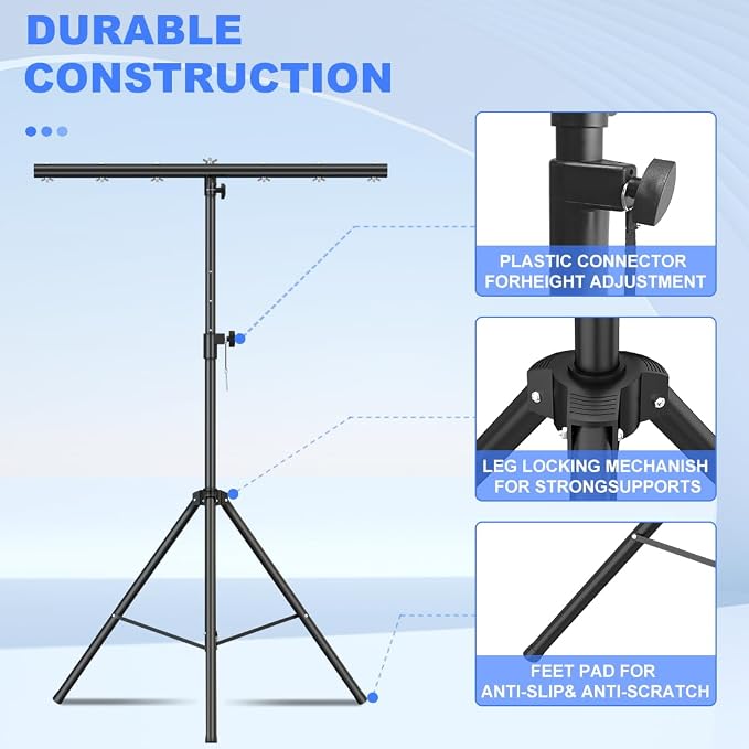 DJ Lights Stand with Round T Bar, Heavy Duty Par Can Tripod for 7 Lights Stage Light Stand Adjustable Height 55-100 Inch, DJ Lighting Suitable for Stages, Bar, Banquet, Party