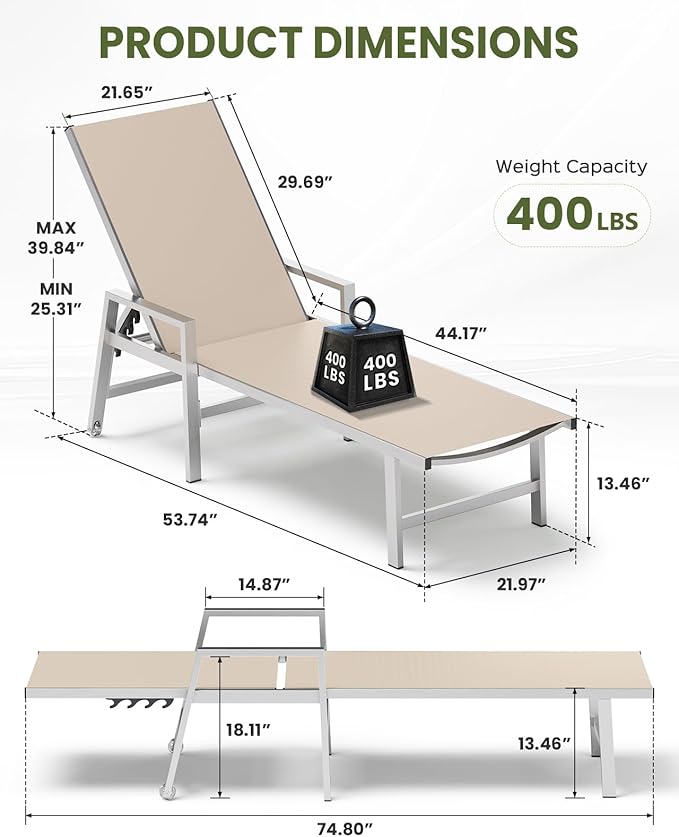 Patio Chaise Lounge Chair Outdoor Set of 2 with Wheels&Armrests, Aluminum Pool Lounge Chairs Five-Position Adjustable Recliner, Outdoor Beach Lounge Chairs for Poolside, Patio, Deck, Yard, Khaki