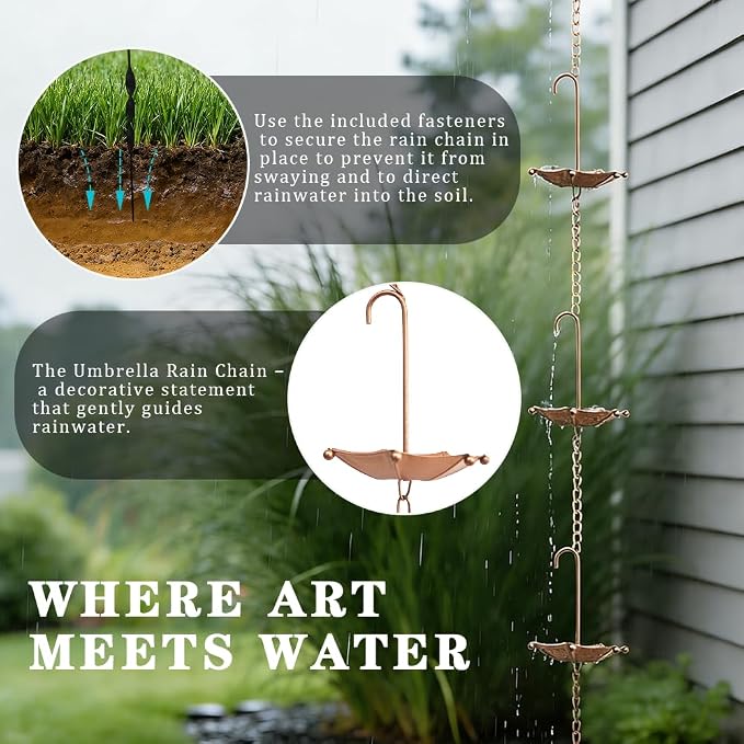 Apx Rain Chains for Gutters with Adapter, Anchor, Total 11 FT, 10 Umbrella Cups Rain Catcher Heavy Duty, Replacement for Gutter Downspout w/ Stake, Rainwater Diverter, Garden Decor for Outside Summer.