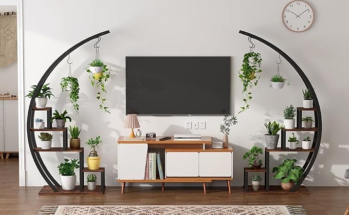 IDEALHOUSE 2 Pack 5 Tier Tall Indoor Plant Stand, Metal Half Moon Tiered Flower Rack, Space-Saving Design with 6 Hangers for Multiple Plants Display, Decorative Shelf for Home & Outdoor,Black