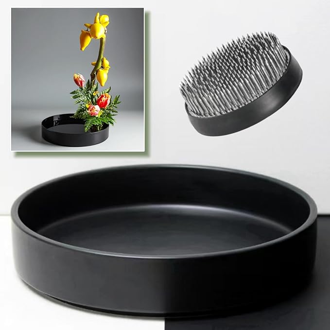 8.5inch Japanese Ceramic Ikebana Vase Kit with 2.4inch Metal Floral Frog Round Stems Holder, Japanese Flower Arranging Supplies Kenzan Flower Container (Black)