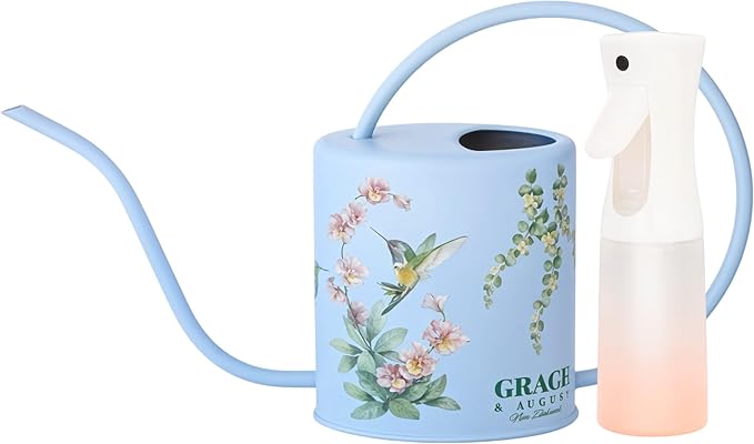 Watering Can for Indoor House Plants & Spray Water Mist Bottle - Cute Decorative Metal Gardening Small Water Can for Houseplants & Flowers with Long Spout - 1.5L 51floz 0.4 Gallon (Hummingbird Blue)