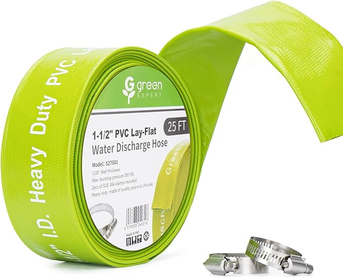 Green Expert 1.5 Inch ID PVC Lay-Flat Discharge Hose Sump Pump Accessory, 25 ft Basement Drain Hose for Water Removal, Steel Clamp Kit Included