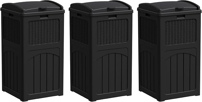 Greesum 33 Gallon Outdoor Trash Can with Lid, Waterproof Resin Garbage Bin for Hideaway, Deck, Patio, 3 Pack, Black
