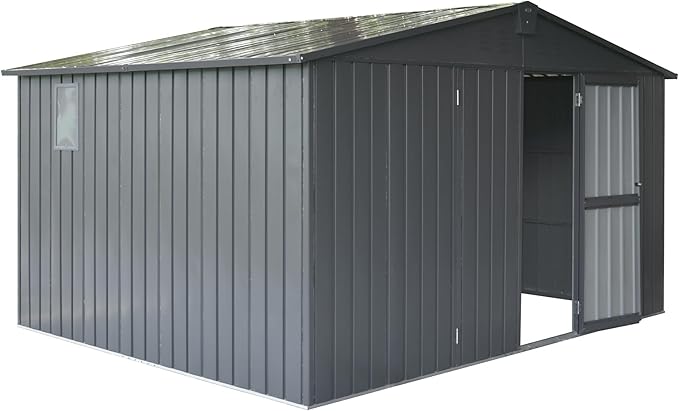 Christopher Knight Home Avonn Backyard Storage Shed 11'x 9' with Galvanized Steel Frame & Windows, Outdoor Garden Shed Metal Utility Tool Storage Room with Lockable Door for Patio(Dark Gray)