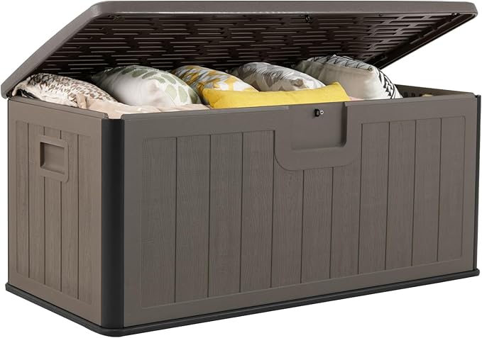 Giantex 100 Gallon Deck Box, Waterproof Resin Box with Lockable Lid, 440Lbs Outdoor HDPE Storage Container Bench for Patio Furniture Cushions, Pool Tools & Garden Accessories (Brown)