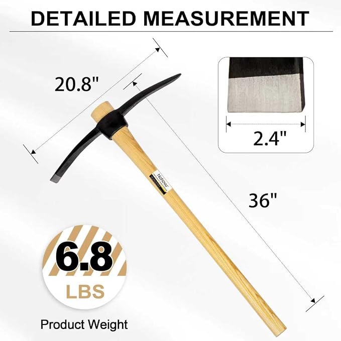 Nohovu Pickaxe with Wood Handle, Heavy Duty Forged Steel Pick Axe for Digging, 36 Inches (406I)