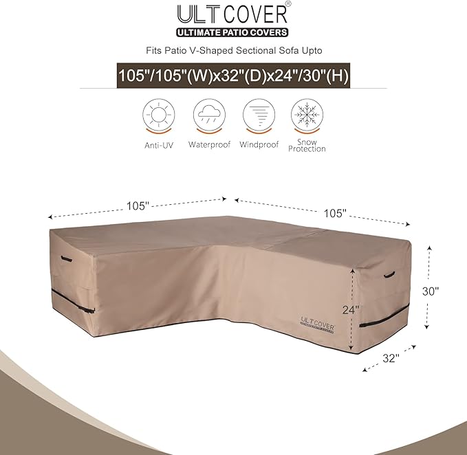 ULTCOVER Patio V-Shaped Sofa Cover Waterproof for 7-Seater Outdoor Sectional Furniture Couch 105 inch Wide