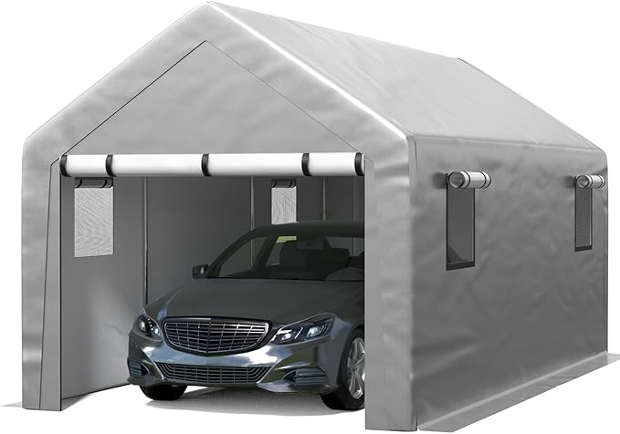 Jocoevol Carport 10x20 FT Enclosed Carport with Roll-up Windows, Portable Garage with Removable Sidewalls & Doors, Car Canopy Tent with Sandbags All-Season Tarp for Car Boat Truck Motorcycle