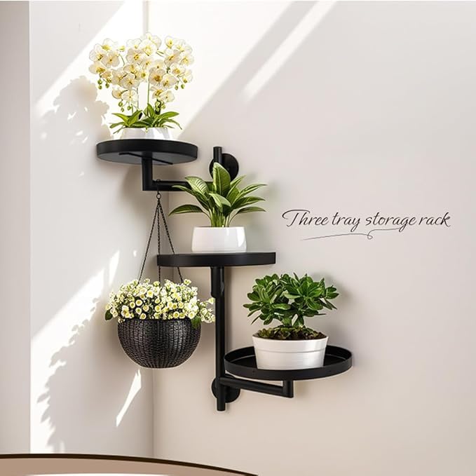Outdoor Plant Hanging Hooks for Wall,Metal Bracket for Hanging Baskets, Wind Chimes, Flower Baskets, Rotating Wall Plant Shelves Stand Holder, Indoor 3 Tiered Metal Floating Plant Shelf Hanger