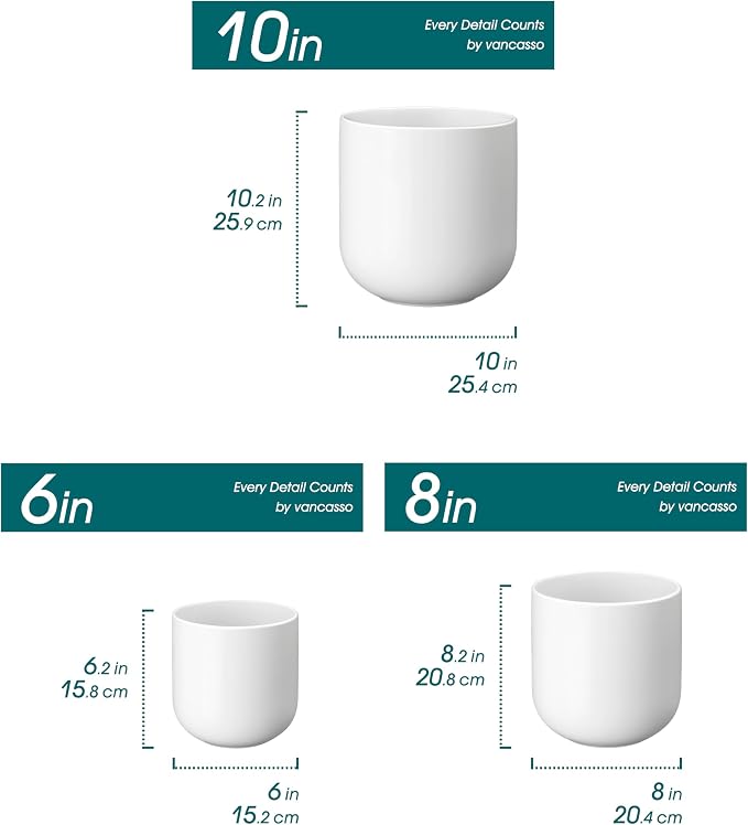 vancasso 6+8+10 inches Ceramic Plant Pots, Set of 3, Planters with Drainage Hole, Flower Pots Planters Pots for Indoor Plants, Modern Indoor Decorative Garden Pot, Home Decor, White