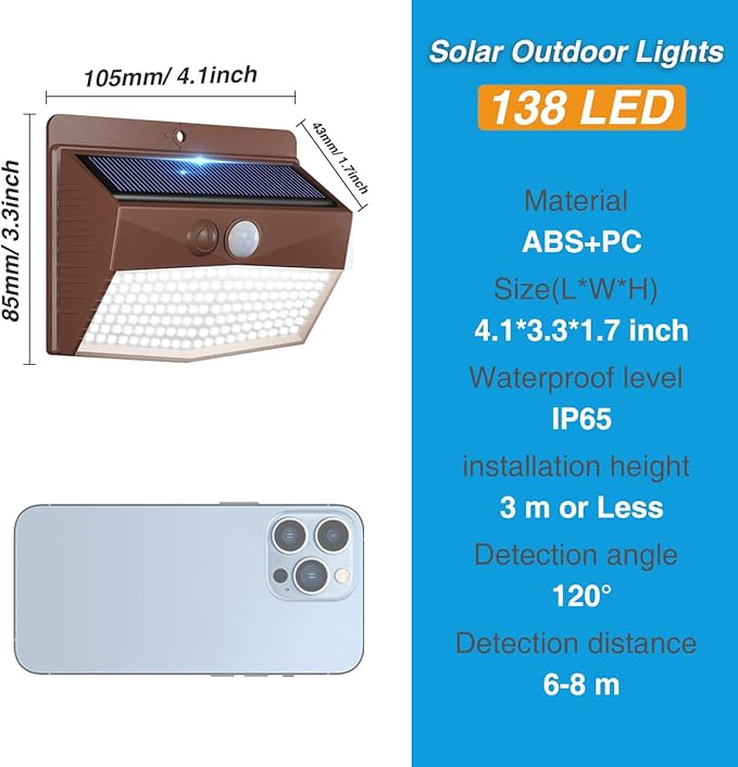 Peasur Solar Lights Outdoor Motion Sensor [10 Packs] Security Light with 3 Lighting Modes Wall Lights Waterproof Solar Powered Lights for Garden Fence Yard, Brown