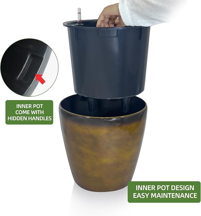 Dexceder 13x12 Self Watering Planter with Wheels (Yellow Brown Gradient) | Inner Pot Design, Thickened Large Floor Standing Flower Plant Pot with Water Level Indicator Indoor Outdoor