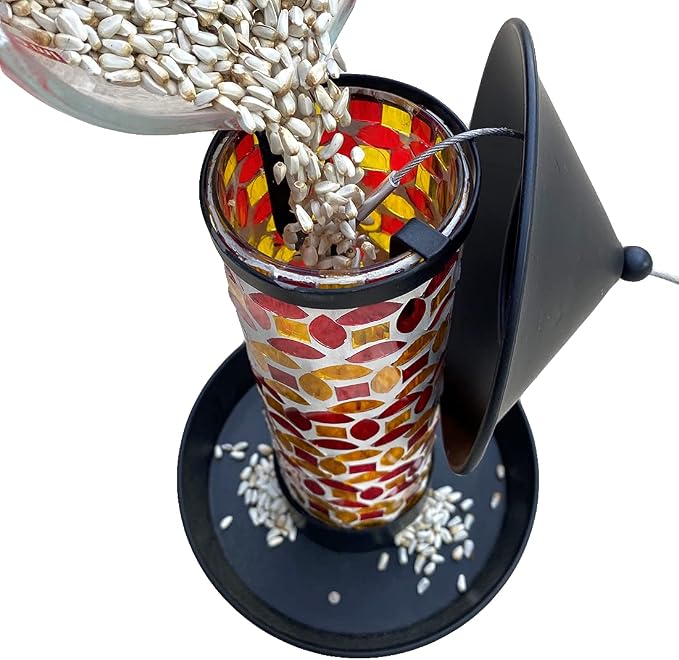 Lily's Home Outdoor Hanging Mosaic Glass Bird Feeder, Lantern Shape with Metal Hook and Roof for Wild Birds, Garden Decor for Lawn and Patio, Unique Gift for Bird Lovers(10Inch)