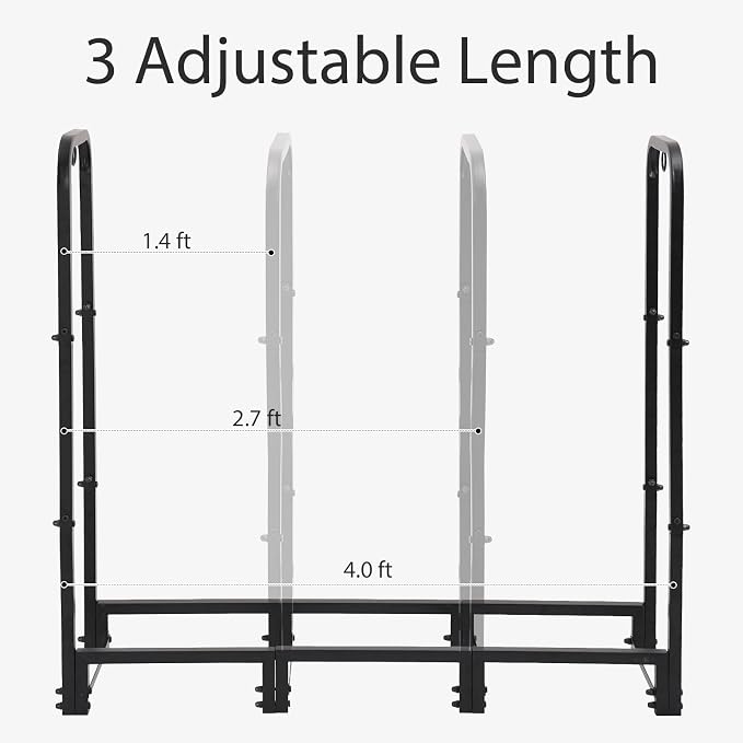4FT Firewood Rack Outdoor with Cover, Heavy Duty Wood Holder with Log Carrier, Adjustable & Waterproof Log Holder Wood Storage Stand for Fireplace Patio Outdoor, Black