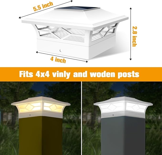 JOFIOS Solar Fence Post Lights 4pack, Cap Lights for 4x4/5x5 Vinyl Fence and 4x4/6x6 Wooden Post, Warm White/Cool White Lighting, White Solar Cap Outdoor Waterproof Decorate Garden Pathway Dcek Patio