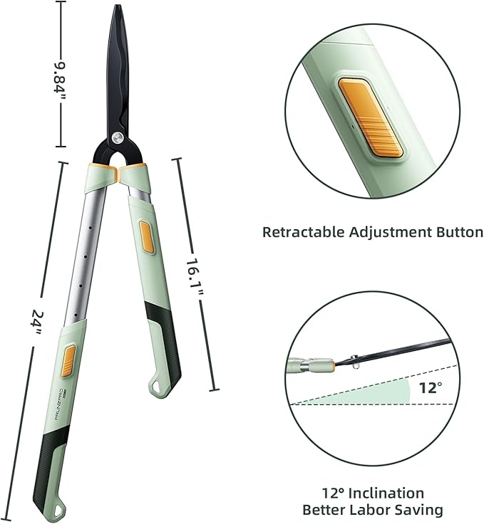 PrunePro Extendable Hedge Shears (27"-35") Wavy Stainless Steel Blades | Teflon Coated for Smooth Cuts | Lightweight Adjustable Garden Clippers for High Hedges & Bushes