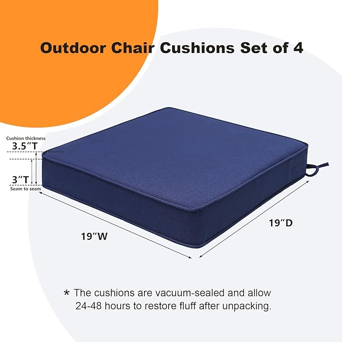 Square Corner Seat Cushions, 19" x 19" x 3", Set of 4, Indoor Outdoor Water Repellent Universal Chair Pads with Ties for Patio Furniture, Garden Deck Dining Chairs, Navy