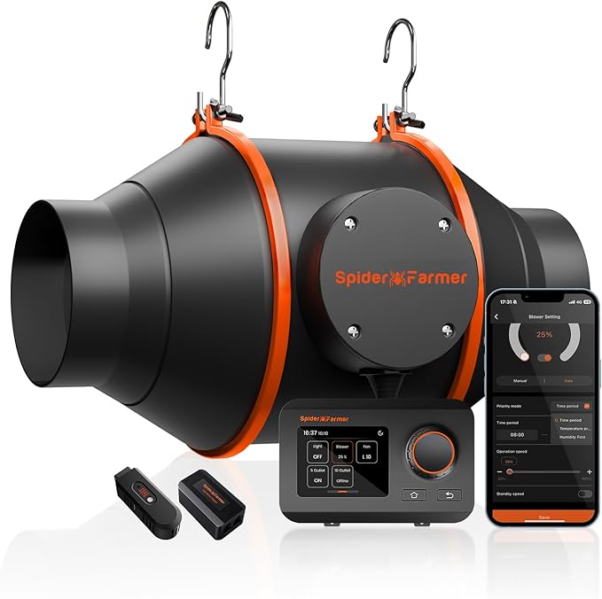 Spider Farmer 4 Inch Smart Inline Duct Fan with GGS Temperature Humidity Controller, Integrated App Control, 205 CFM Ventilation Exhaust Fan for Heating Cooling Booster, Grow Tents, Hydroponics
