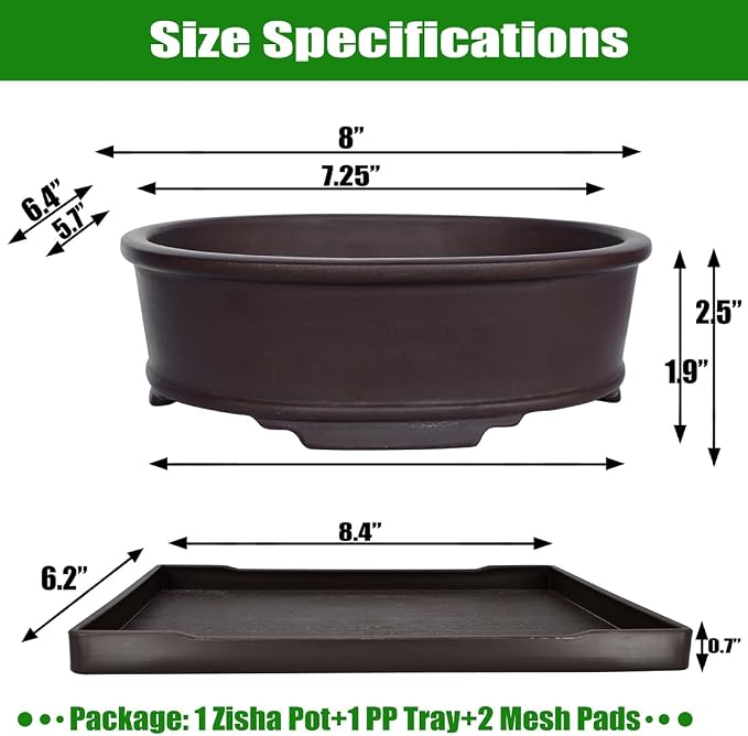 MUZHI Unglazed Natural Clay Bonsai Pot with Drip Tray, Oval Vintage Bonsai Tree Planter with Drainage for Bonsai Training Succulent Arrangement (Oval)