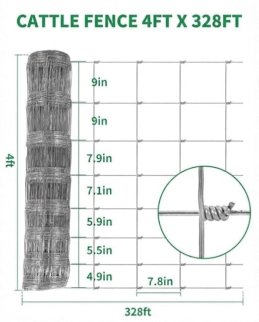 Cattle Fence 4Ft x 328, 13 Gauge Galvanized Wire Fencing, Hinge Knot Woven Wire Fence, Livestock Fencing for Cattle Goats Sheep Hog, Heavy Duty Durable Metal Field Fence for Pasture Yard Garden