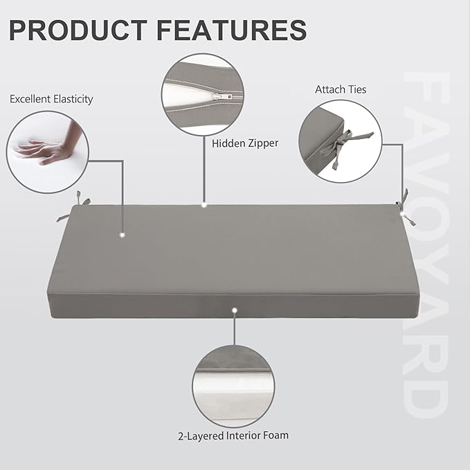 Favoyard Outdoor Bench Cushion 45 x 18 Inch Waterproof Patio Furniture Cushions 3-Year Color Fastness Garden Sofa Settee Couch Swing Pads with Handle and Attach Ties, Light Gray