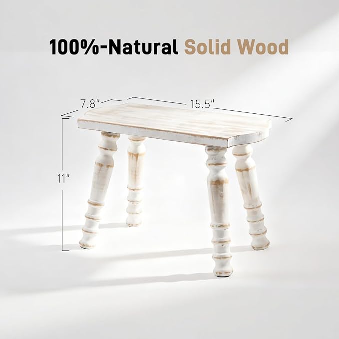 100% Solid Wooden Stool, Farmhouse Wood Step Stool for Adults, Rustic Plant Stool, Vintage Small Stools for Bathroom, Kitchen, Bedroom, Plant Stand, Home Decor