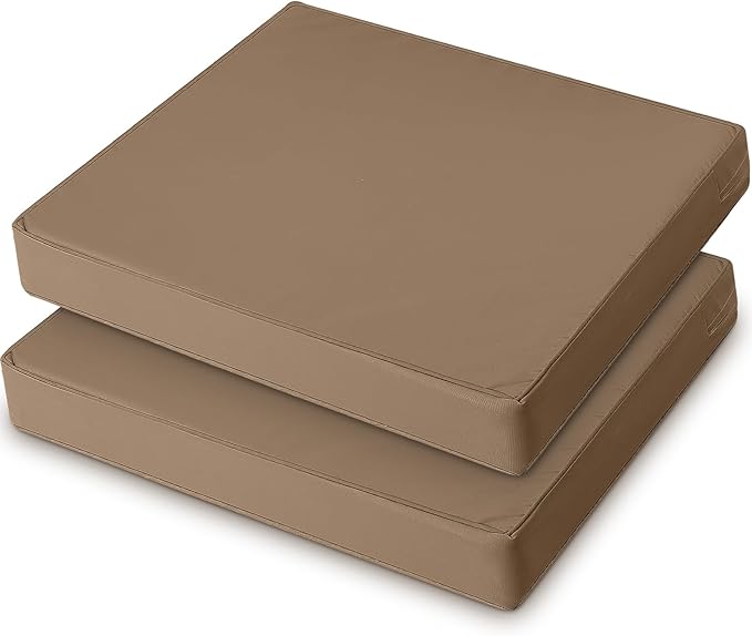 DoubleFill 2 Pcs Outdoor Ottoman Cushion 23"x19"x3" Waterproof Fade Resistant Outdoor Footstools Cushion Removable Patio Ottoman Cushions with Adjustable Fixing Strap for Stool (Light Brown)