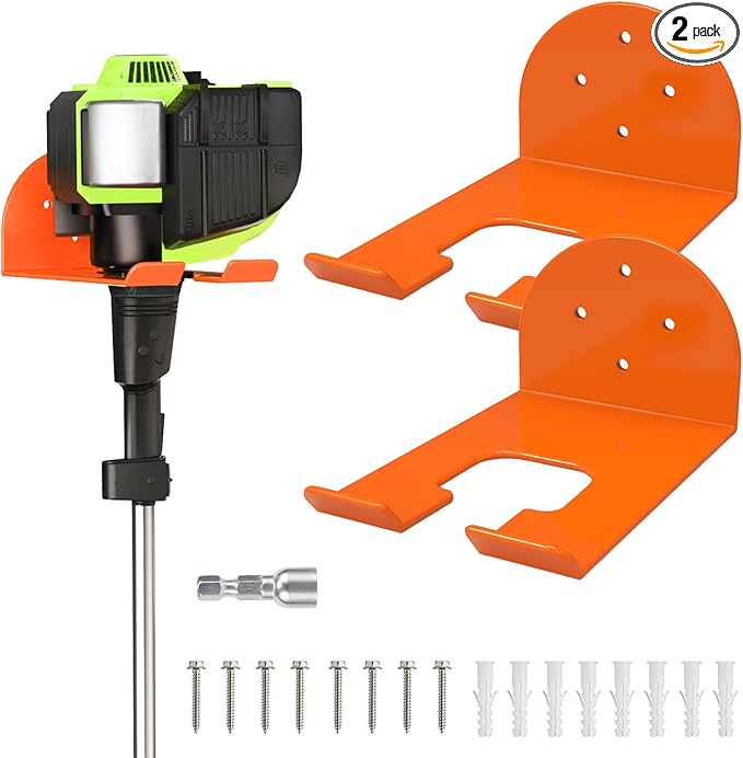 Weedeater Hanger, Heavy Duty Weed Eater Hanger Wall Mount, Garden Power Tool Holder with Rubber Coating for Grass Trimmer, Hedge Trimmer, Leaf Blower, Garage Organizer, 2 Pack