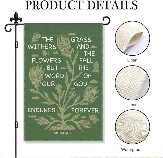 The Grass Withers And The Flowers Isaiah 40:8 Garden Flag Double-Sided Yard Outdoor Decoration 12x18 Inch, Bible Verse Christian Home Banner, Baptism Garden Flag Gifts for Family Friends