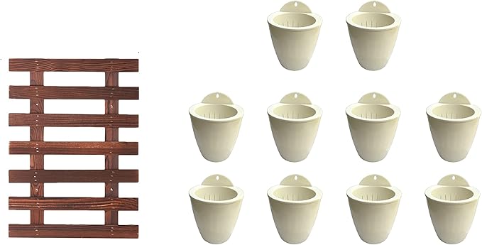 ShopLaLa Bundle - 4 Inch White Self Watering Pots x 10 Packs + Wooden Plant Holders, Indoor Vertical Wall Garden, Living Plant Wall Herb Garden Vertical System, Wall Mount Hydroponic Wall Pots
