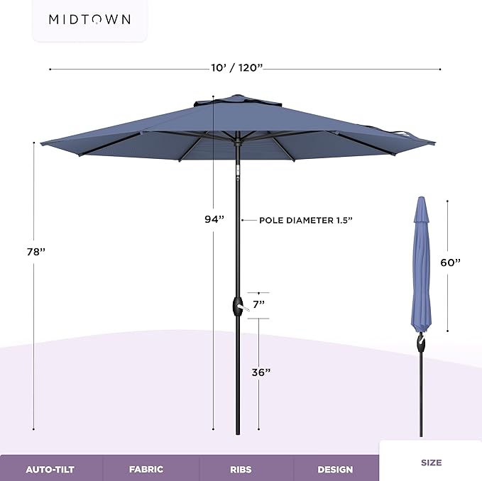 Midtown Umbrellas - 10-Year-No-Fade 10 Ft Patio Umbrella with Terylast Fabric, Auto-Tilt Aluminum Frame and 8 Reinforced Ribs for Deck, Pool, Garden & Beach - Light Navy Canopy, Black Pole