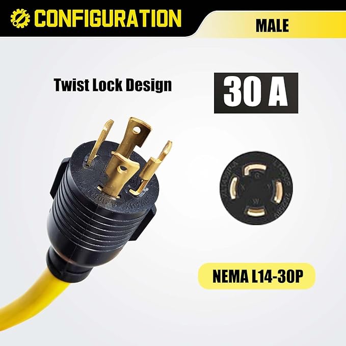 4 Prong Twist Lock 30 Amp to 50 Amp RV Adapter Cord 240V, NEMA L14-30P Locking Male to 14-50R Female for Tesla EV