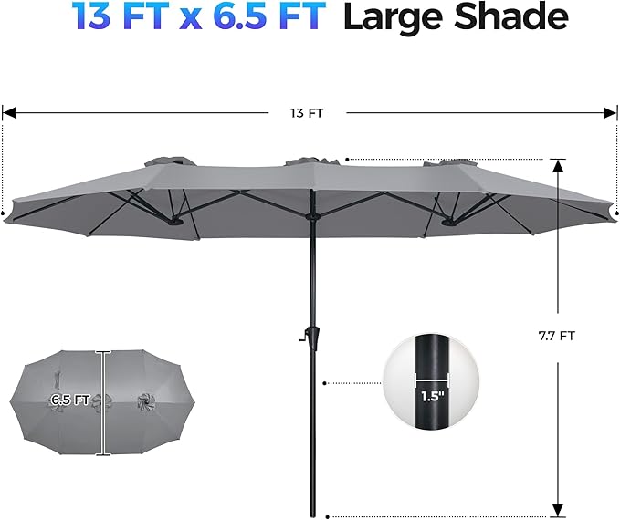 SUPERJARE 13FT Outdoor Umbrella for Patio, Double sided Pool Umbrellas with Fade Resistant Canopy, Large Table Umbrella for Deck, Market, Backyard - Gray(No Base)