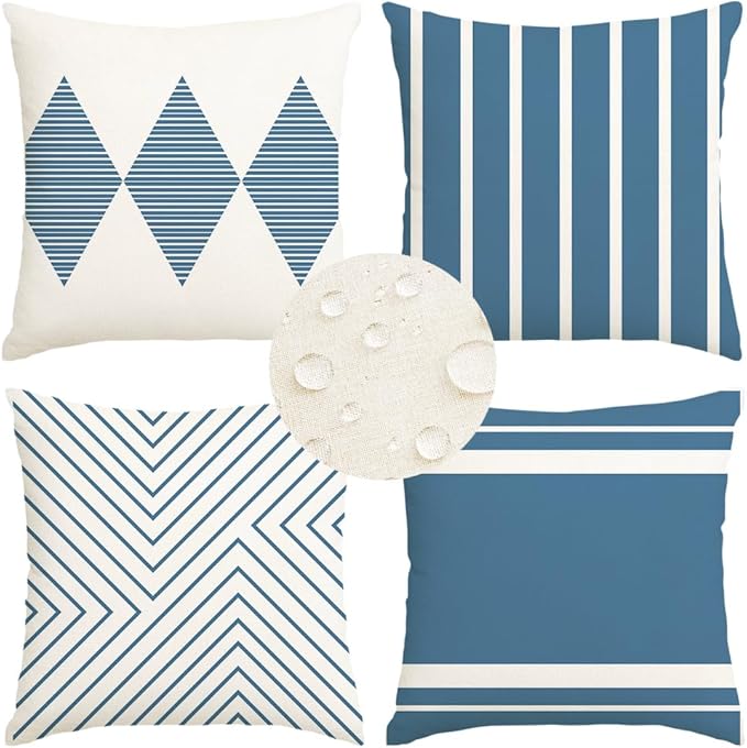 RABUSOFA Outdoor Pillows Waterproof,18x18 inch Blue and White Boho Set of 4 for Patio Furniture,Sunbrella Outdoor Pillow Covers(2B-18) (18"x18")