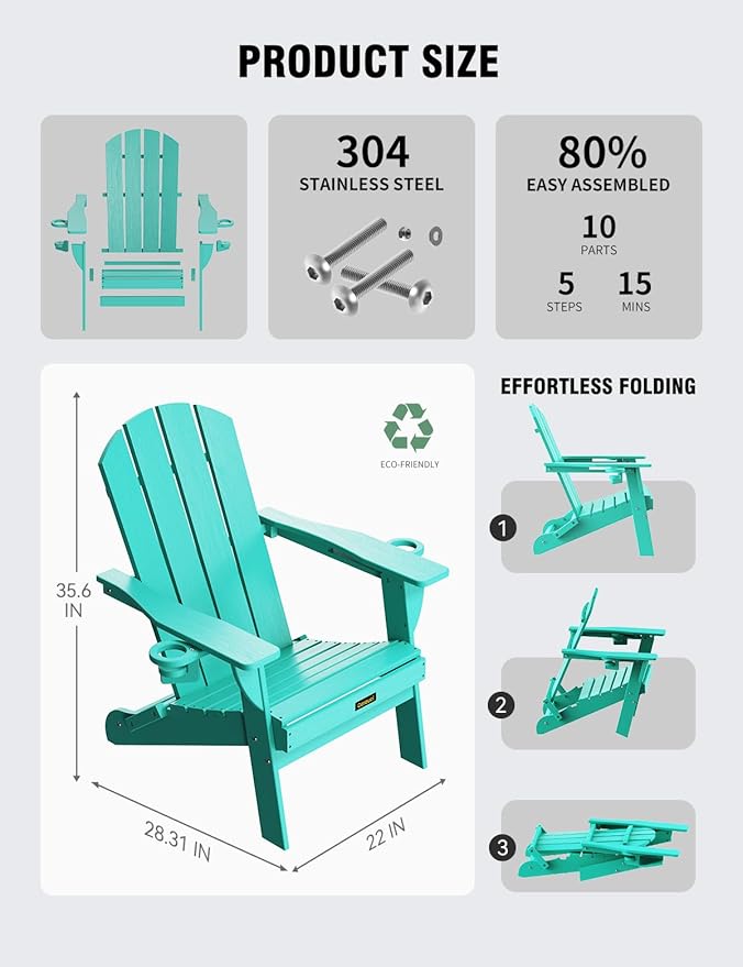 Folding Adirondack Chair Set of 2, Wooden Textured Plastic Adirondack Chairs with 2 Cup Holder, Weather Resistant HDPE Fire Pit Chair, Outdoor Patio Chairs for Garden, Backyard, Lawn, Deck, Lake Blue