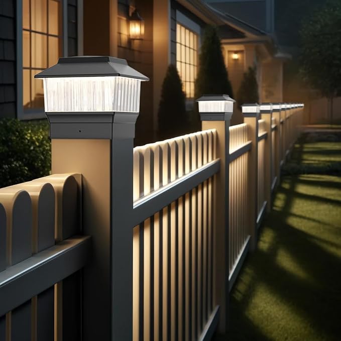 Solar Post Cap Lights 4 Pack, Modern #1: Fits True 4x4 Vinyl, 4x4 & 6x6 Wood Posts, 3 Color Temperature, 50 Lumen Waterproof Outdoor Lights for Deck Fence, Matte Black