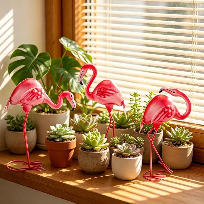 3Pcs Pink Flamingo Yard Decor 15" Metal Yard Art Outdoor Sculptures | Garden Statue Set of 3 Flamingo Birds Lawn Ornarment Tropical Décor for Outside Home Patio Porch Backyard Decorations