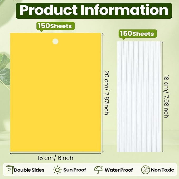 Qualirey 150 Pcs 6x8 Inch Yellow Sticky Traps for Gnats, Dual-Sided Sticky Gnat Traps for Indoor Outdoor Plants, Pest Control for Fungus Gnats, Fruit Flies, Whiteflies – Bulk Pack with Twist Ties