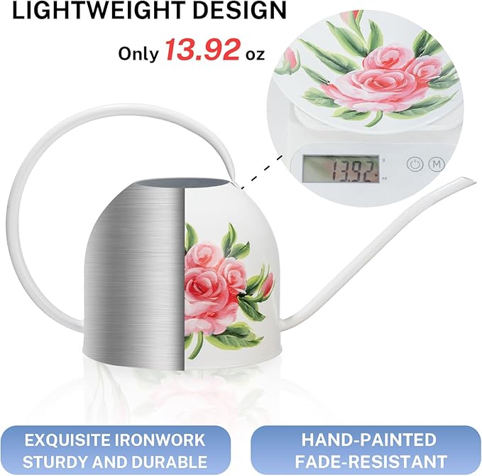 MOYEE Small White Metal Long Spout Watering Can Outdoor Indoor Spray Bottle for Plants Hand Drawn Patterns,1/2 Gallon Plant Mister Durable Metal Structure Lawn Garden Watering Equipment