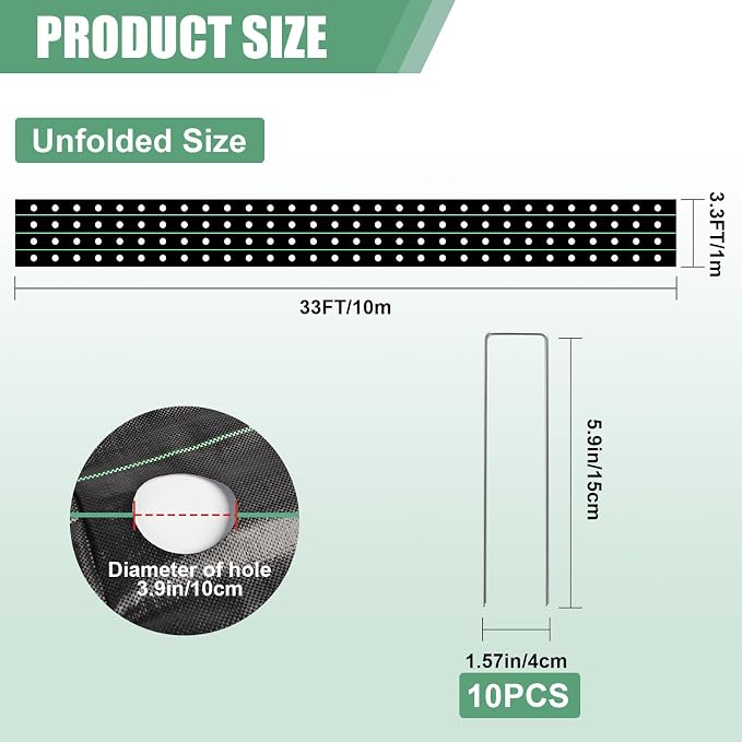 33 x 3.3 Ft Weed Barrier Landscape Fabric, Garden Weed Barrier Fabric Heavy Duty with Planting Holes, Ground Cover Weed Barrier Weed Cloth with 10 U-Shaped Ground Nail For Garden Weed Control