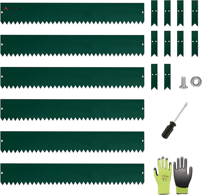 A ANLEOLIFE 20FT Galvanized Steel Landscape Edging, 6-Pack 40" L x 6" H Hammer-in Metal Garden Border with 10 Stakes for Lawn, Pathway, Flower Beds – Green